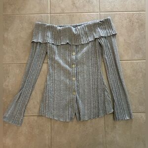 Off-the-Shoulder Rib Knit Button-Front Sweater - Light Gray